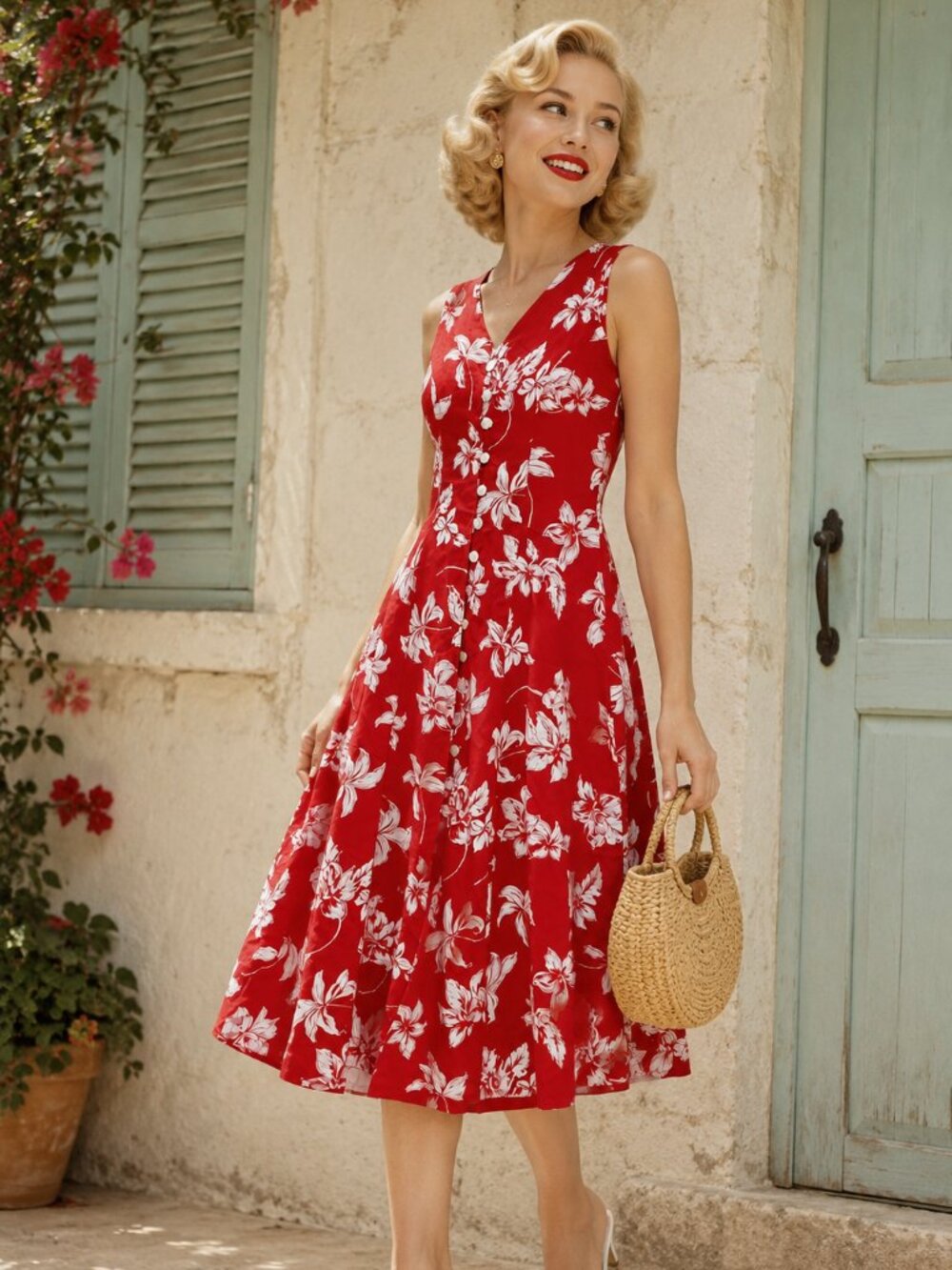 Red Floral Midi Dress - Classic Sleeveless Summer Dress